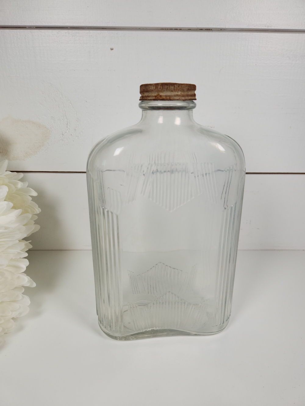 1930s Owens Illinois Refrigerator Glass Water Bottle | Vintage Ribbed Glass Jar
